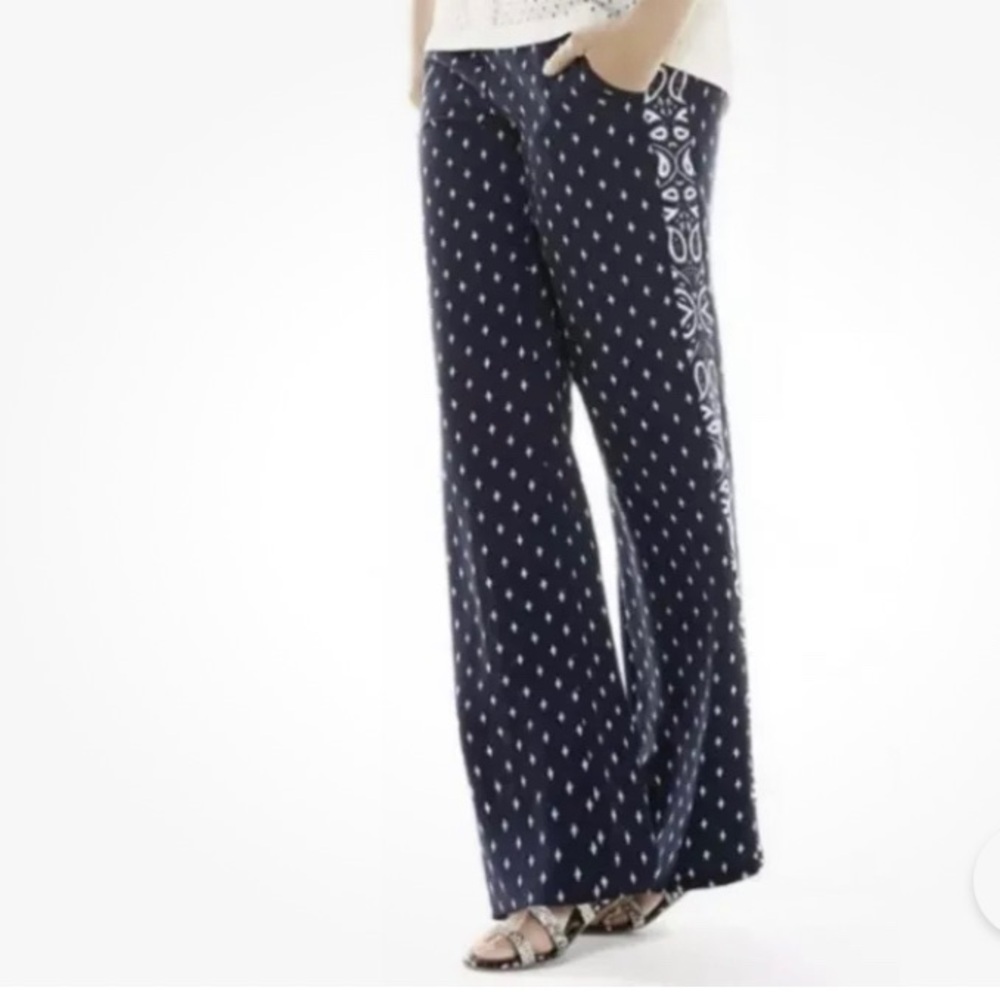 CAbi Navy Blue Patterned Wide-Leg Track Pants Sz 8 - Picture 2 of 10
